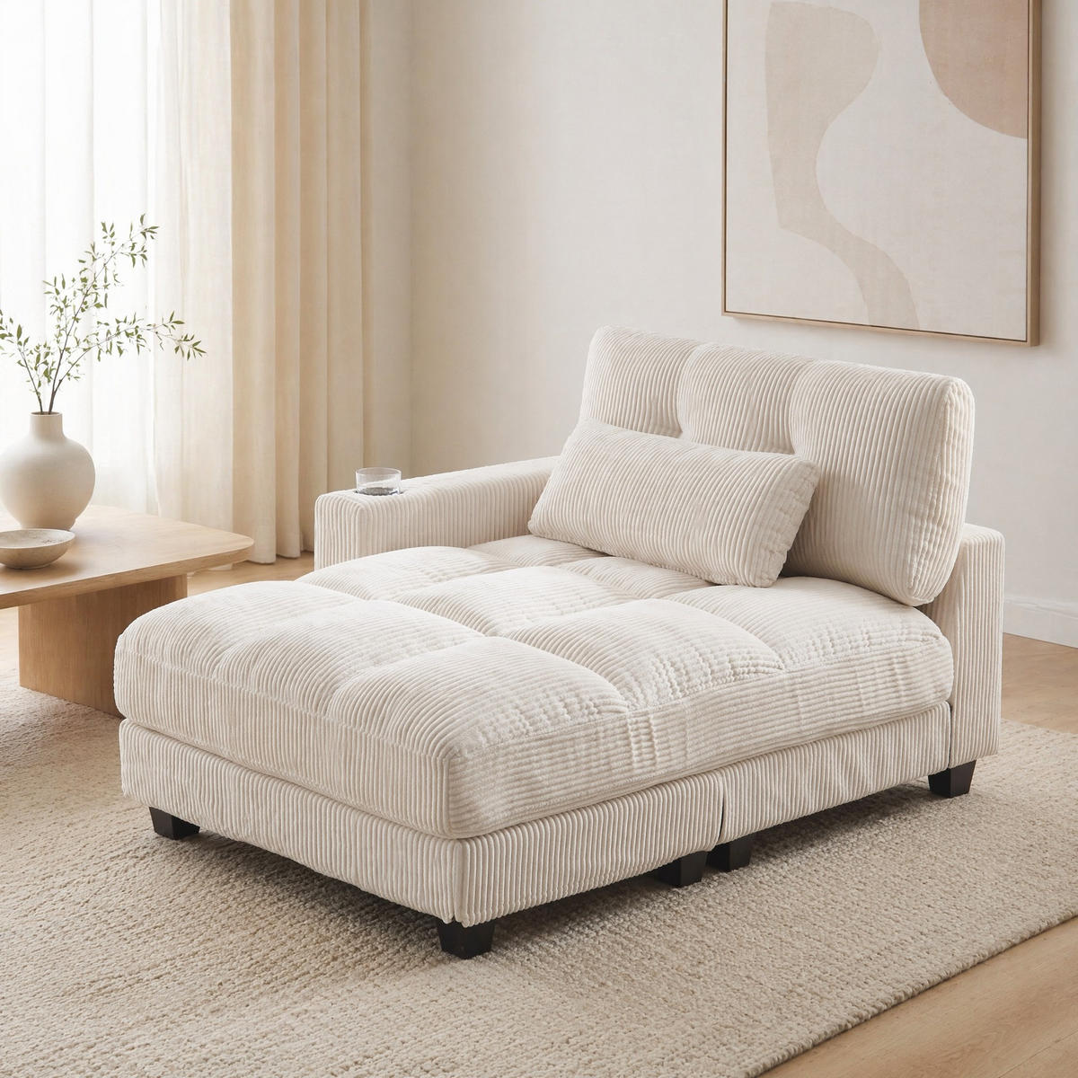 SESSEL 1-Sitzer in Beige aus Cord 140/112/81 cm mit USB - Beige/Schwarz, Holzwerkstoff/Kunststoff (112/81/140cm) - CHICFURN