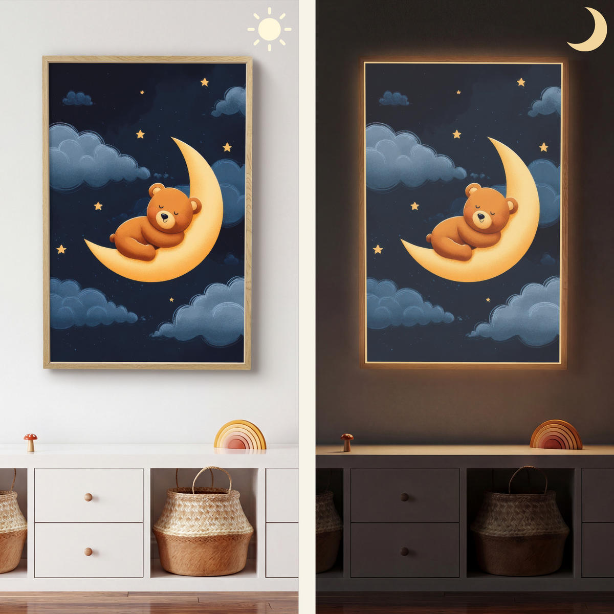 NÁSTĚNNÁ LAMPA S AKUMULÁTOREM Medvídek - Měsíc - Mraky - Hvězdy 70x100 cm - tmavě modrá, kompozitní dřevo (70/100/8cm) - OnlyWow