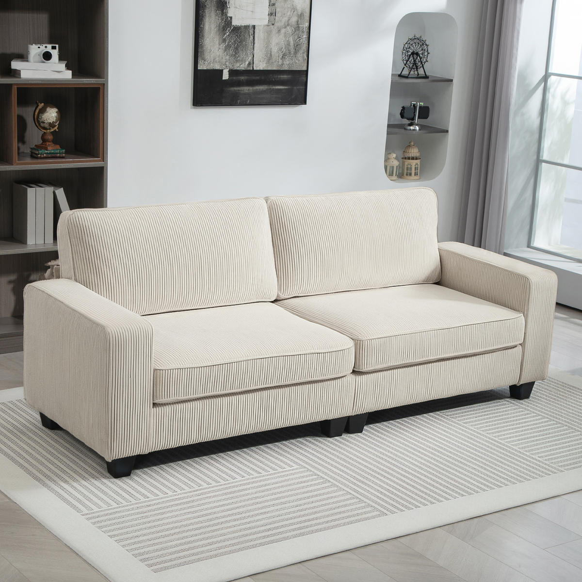 3-SITZER Sofa mit Cordbezug, Wohnzimmersofa mit Federkern, bis 400 kg, Cremeweiß - Creme/Schwarz, Kunststoff/Textil (84/87/227cm) - HOMCOM
