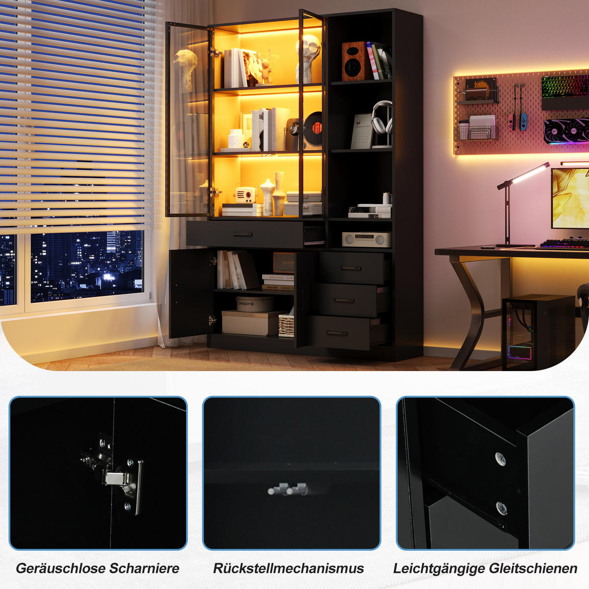 VITRINE in Schwarz Hochschrank mit Glasvitrine, Schubladen und LED, 120/35/200cm, für Esszimmer und Wohnzimmer - Transparent/Schwarz, Glas/Holzwerkstoff (120/200/35cm) - STILVORA