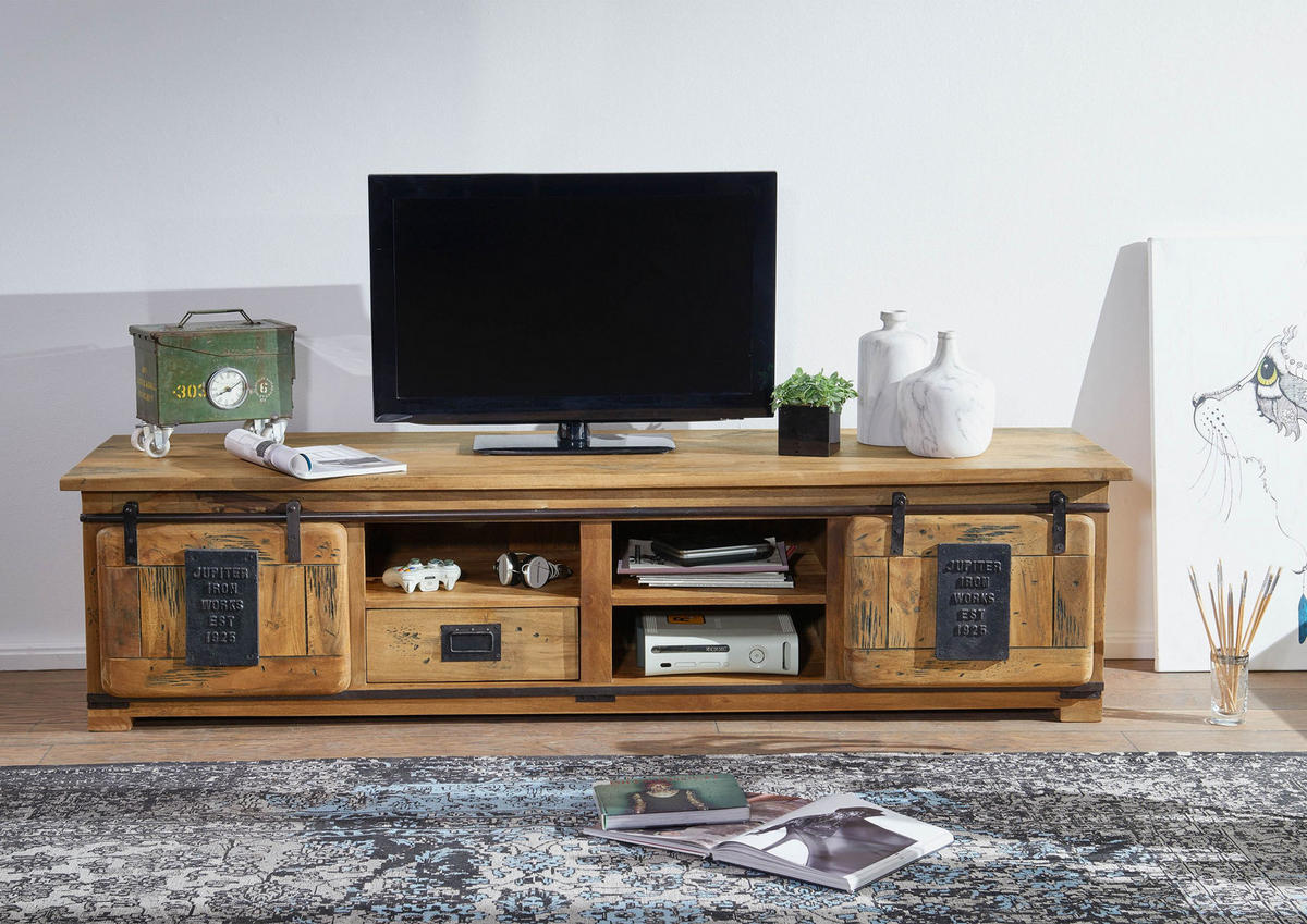 TV-BOARD Mango 200x55x50 natur lackiert RAILWAY #151 - Naturfarben, Holz (200/50/55cm) - Massivmoebel24