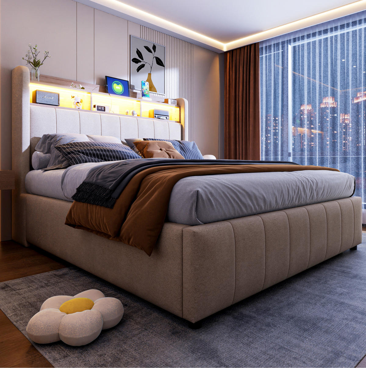 POLSTERBETT 140/200 cm Beige mit LED-Beleuchtung und hydraulischem Stauraum - Beige, Textil (140/200cm) - OKWISH