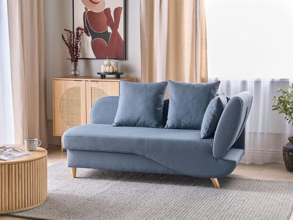 CHAISELONGUE Leinenoptik dunkelblau mit Bettkasten rechtsseitig Meri - Blau/Hellbraun, Textil (156/73/69cm) - Beliani