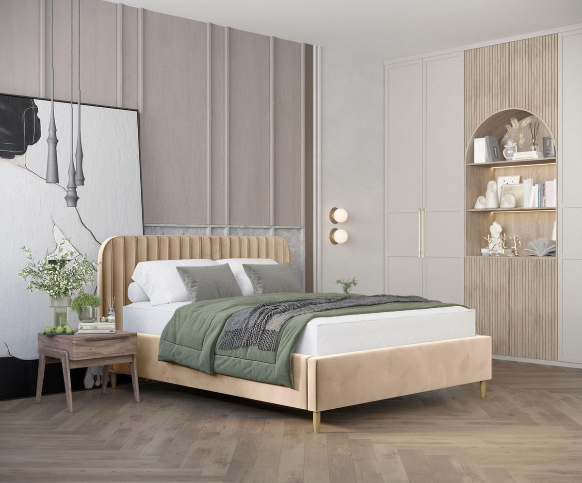 POLSTERBETT Noto Beige 160/200 cm im Samtstoff - Beige/Naturfarben, Holz/Holzwerkstoff (160/200cm) - Maison de Reve