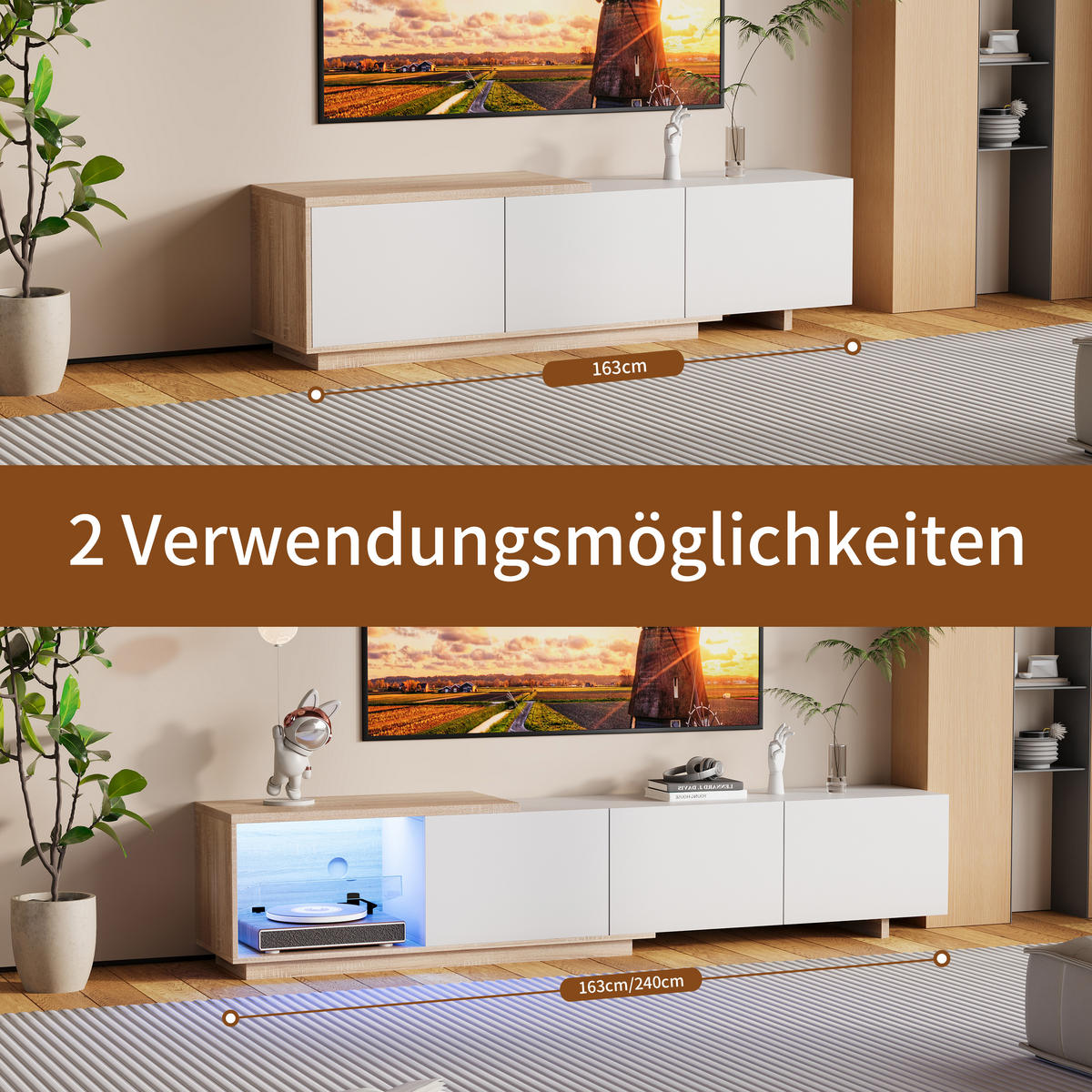 TV-SCHRANK 180 cm, weiß, LED tricolor Sensor, Feder-Schubladen, Holz braun/weiß, modern - Weiß, Holz (240/44/38cm) - EuroLiving