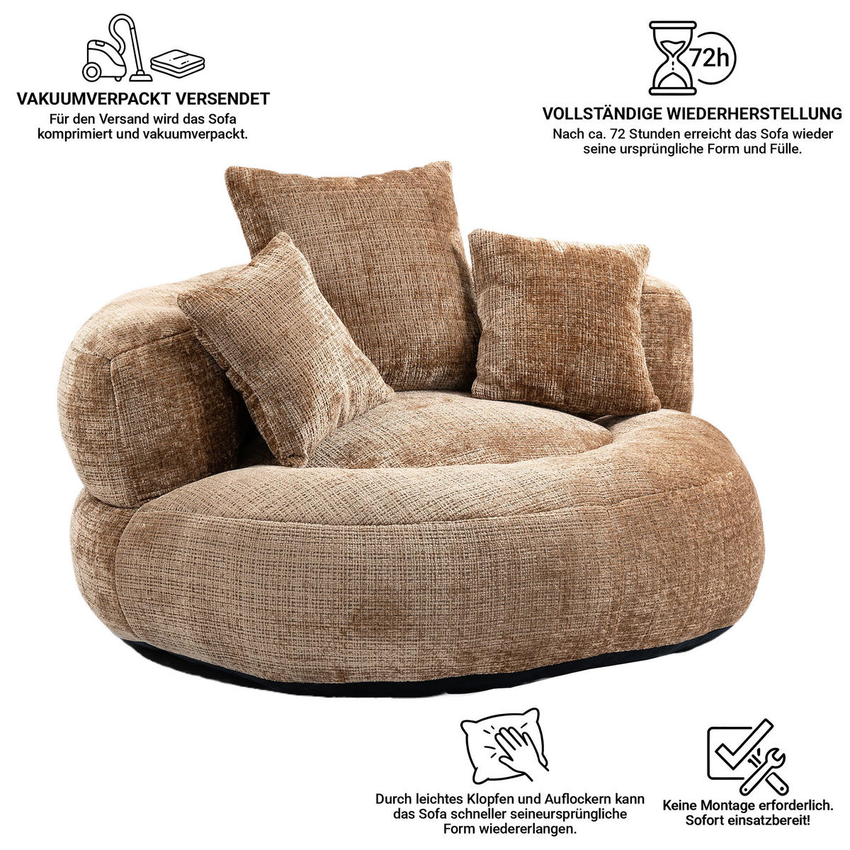 SITZSACK Kaffeebraun mit Armlehnen, Chenille - Mokka, Textil (108/52/108cm) - CHICFURN