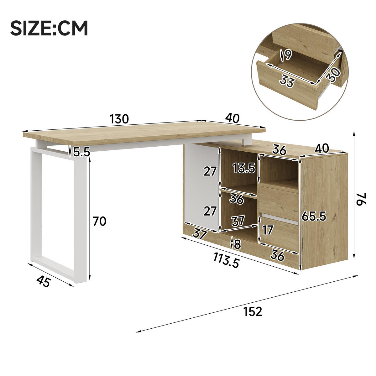 SCHREIBTISCH in Naturfarbe L-förmiger Bürotisch mit 2 Schubladen und verstellbaren Regalböden - Weiß/Naturfarben, Holzwerkstoff/Metall (40/113.5/76cm) - STILVORA