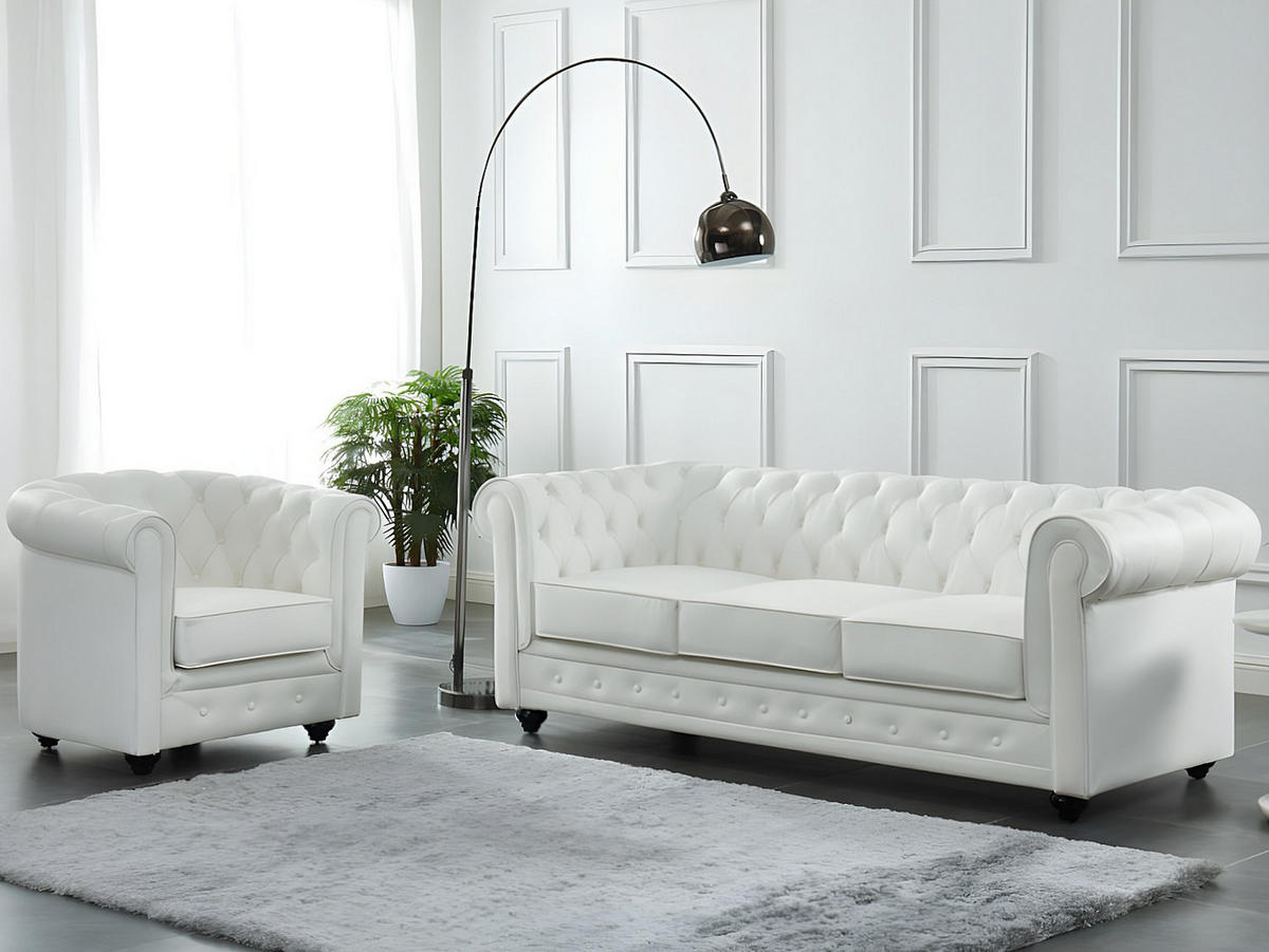 LEDERSOFA 3-Sitzer - Büffelleder - Weiß - CHESTERFIELD - Weiß, Leder (205/72/88cm) - Vente-Unique