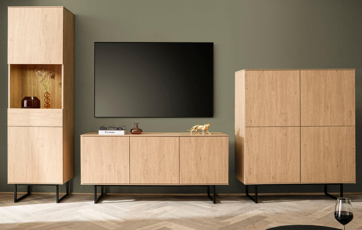 WOHNWAND Stone Eiche 3-teilig 353 cm, Wohnkombination mit Push-to-Open - Eichefarben/Schwarz, Holzwerkstoff/Metall (353/200/40cm) - Furn.Design