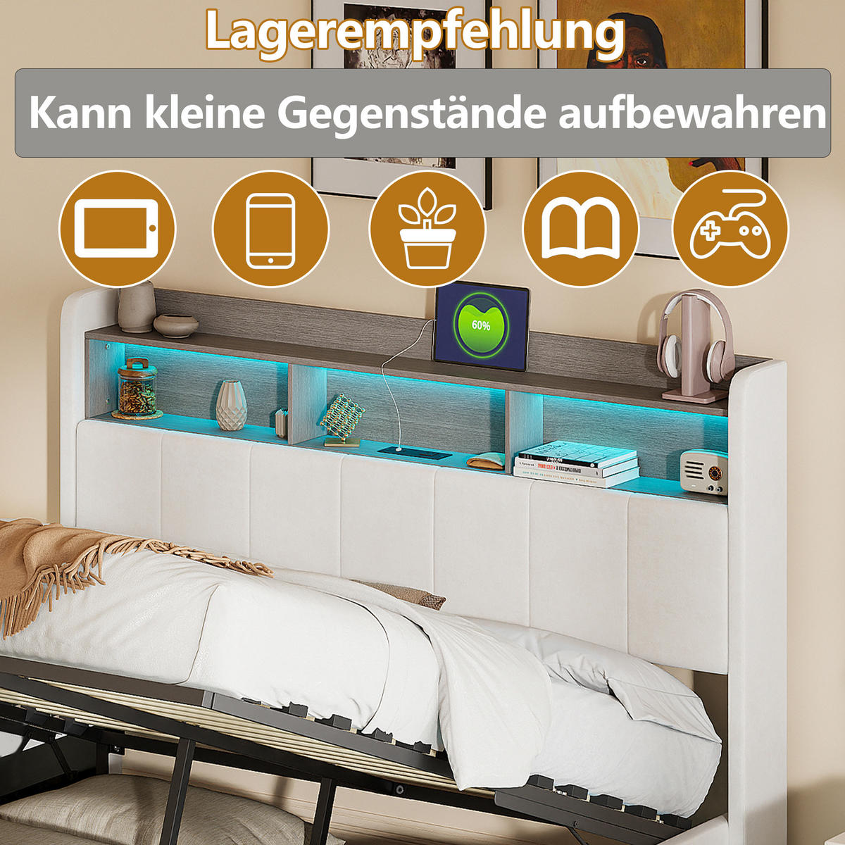 POLSTERBETT 160x200 cm Weiß Samt LED Bettkasten Kopfteil - Weiß, Holz (160/200cm) - SHOPENTRA