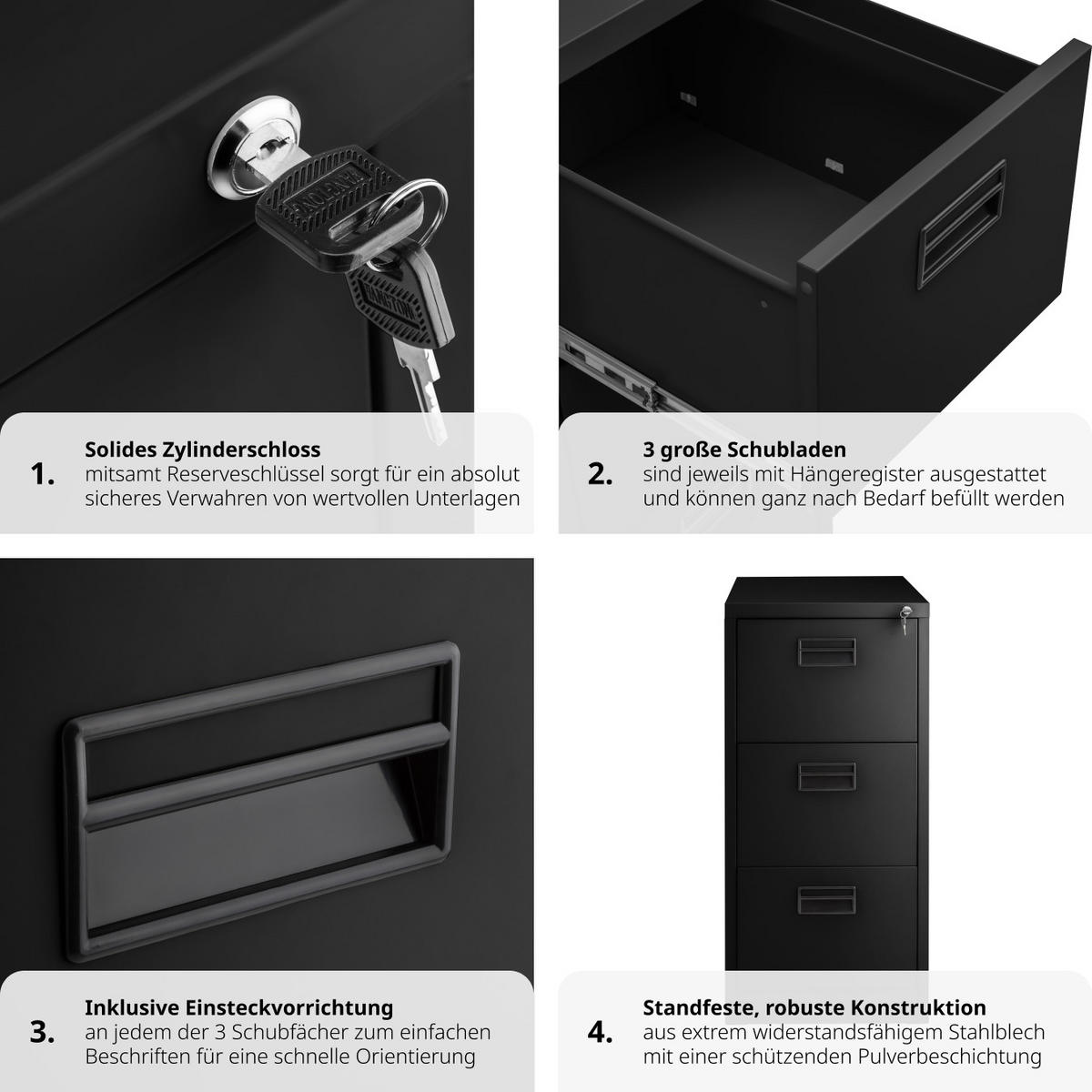 AKTENSCHRANK ,62,4 x 46 x 102,8 cm,schwarz - Schwarz, Metall (46/102.8/62.4cm) - tectake