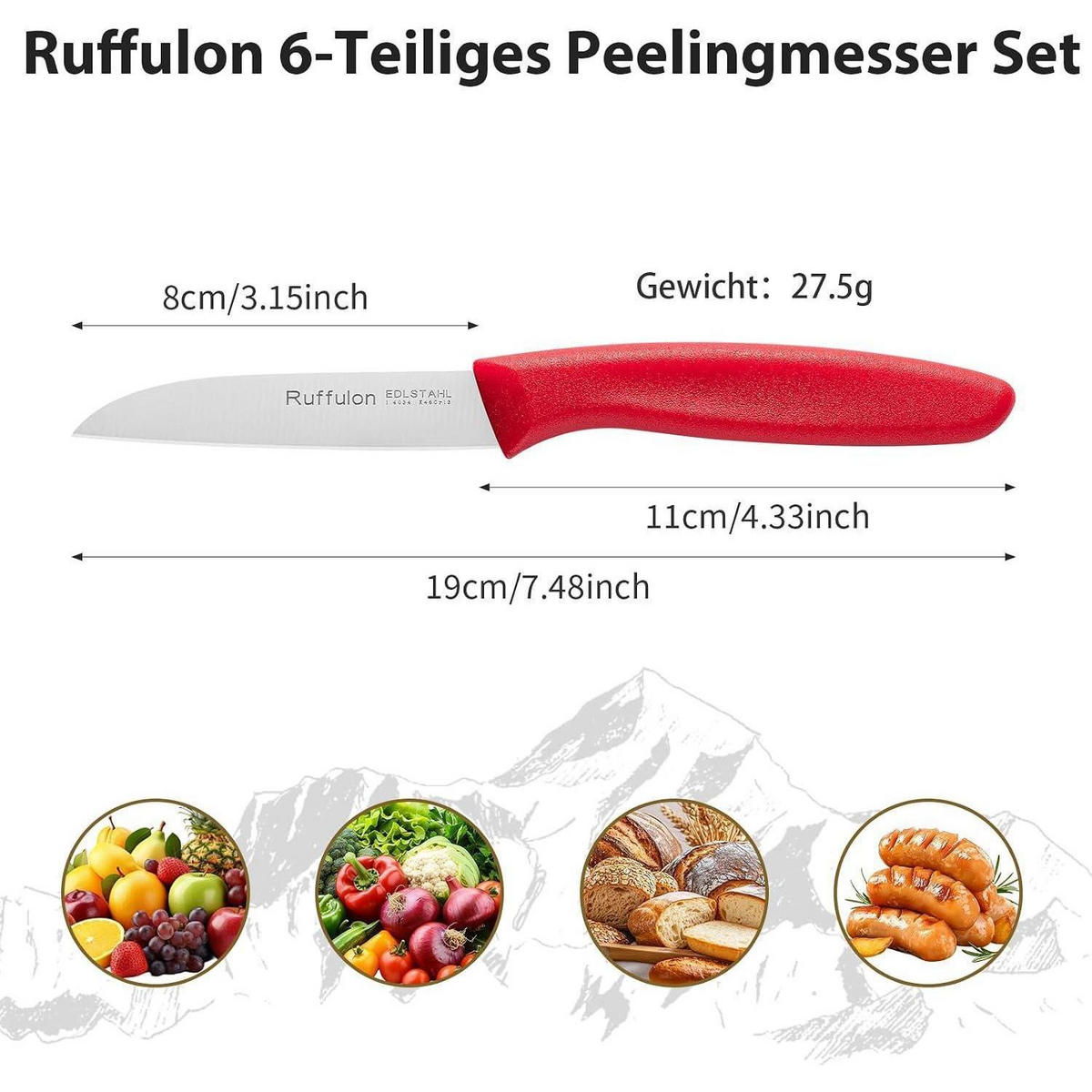 KÜCHENMESSER 6-teiliges Set Rot Edelstahl Gerade Klinge 3'' - Rot, Metall (19cm)