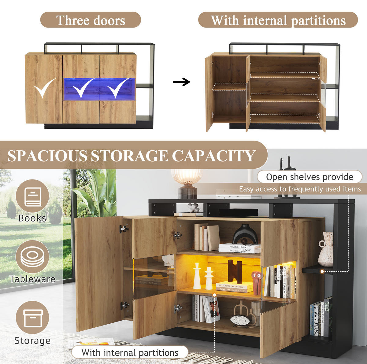 SIDEBOARD mit RGB-LED und Bluetooth, Holzoptik MDF, matte Oberfläche und schwarzem Metallrahmen, 140/44/93,5 cm,Naturfarben - Naturfarben, Holzwerkstoff (140/93.5/44cm) - Redom