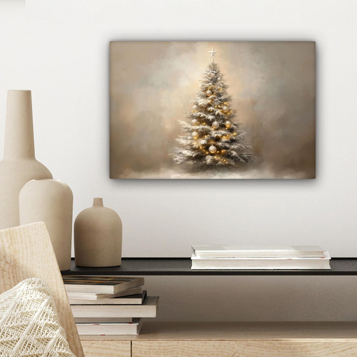 LEINWANDBILD Weihnachten - Weihnachtsbaum - Schnee - Kunst Deko Schlafzimmer 30x20 cm - Champagner, Textil (30/20cm) - MuchoWow