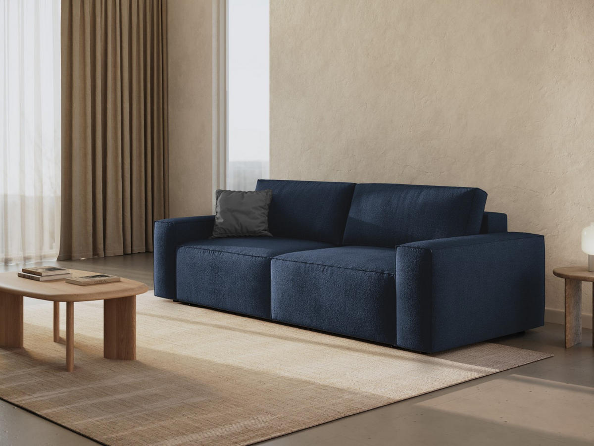 SOFA ausklappbar mit Bettkasten Jodie aus Boucle dunkelblau 3 Sitzplätze - Dunkelblau, Textil (107/86/247cm) - Micadoni