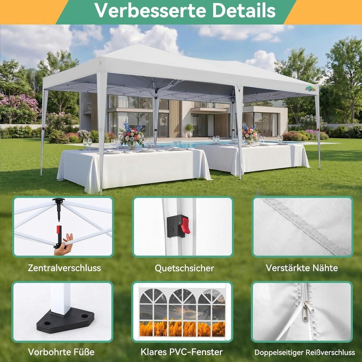FALTPAVILLON 3x6m weiß mit 6 Seitenteilen und UV-Schutz 50+ - Weiß, Textil (300/270/600cm)