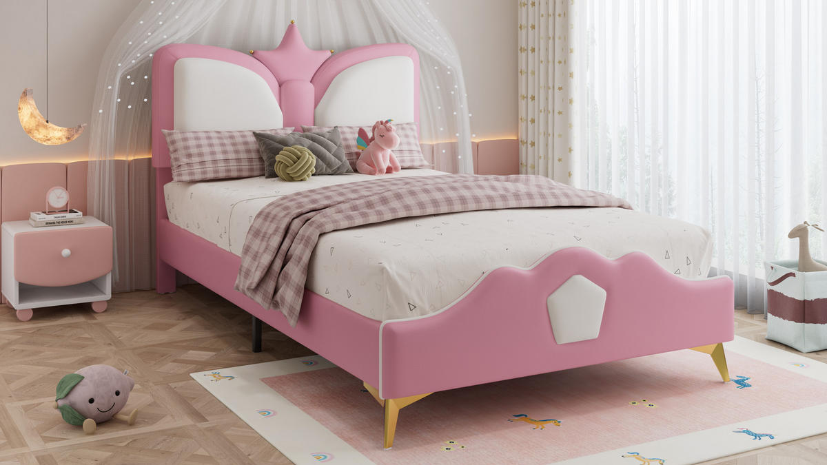 POLSTERBETT 90x200 cm Krone Kopfteil rosa weiß - Rosa, Kunststoff (90/200cm) - Fortuna Lai
