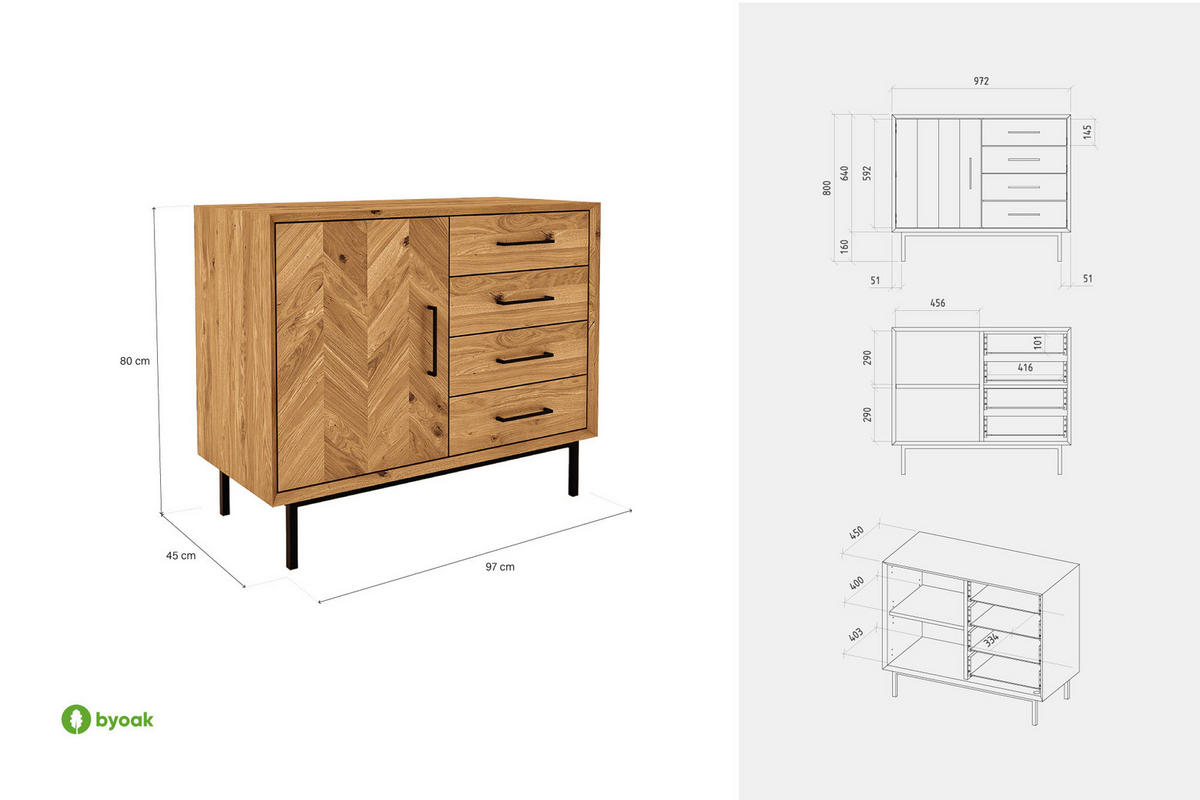 KOMMODE LEON Wildeiche - Wildeiche, Holz (97/80/45cm) - byoak
