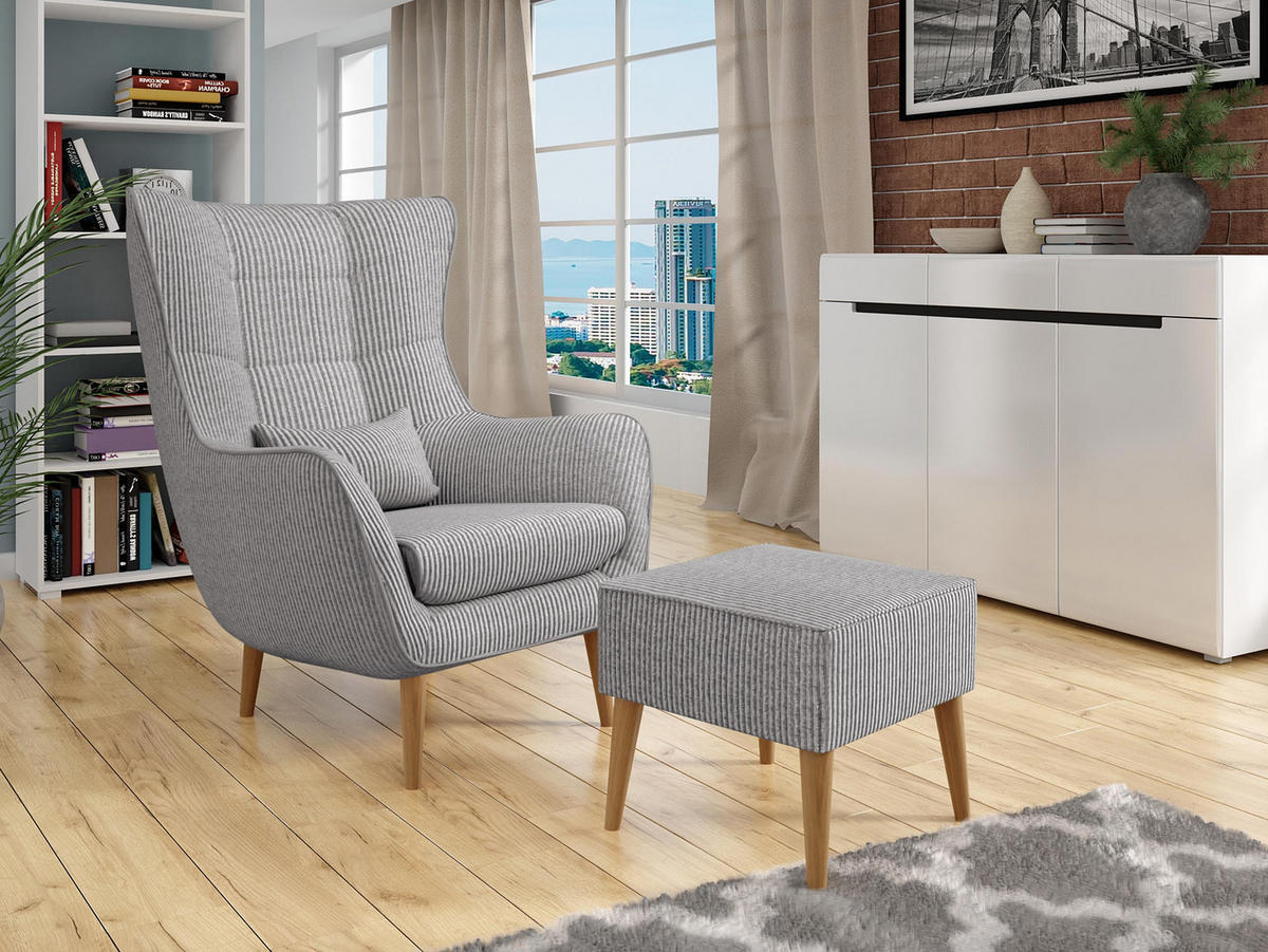 SESSEL Estjano Cord mit Fußbank - Beige/Hellgrau, Holz (80/106/95cm) - MIRJAN24