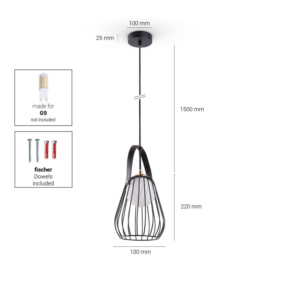 PENDELLEUCHTE Ricarda - Schwarz, Metall (18/18/22cm) - Paco Home