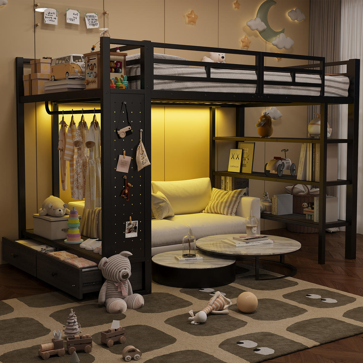 HOCHBETT 140/200 cm in Schwarz mit Kleiderschrank, Schubladen, Lochwand und LED - Schwarz, Holzwerkstoff/Metall (140/200cm) - STILVORA