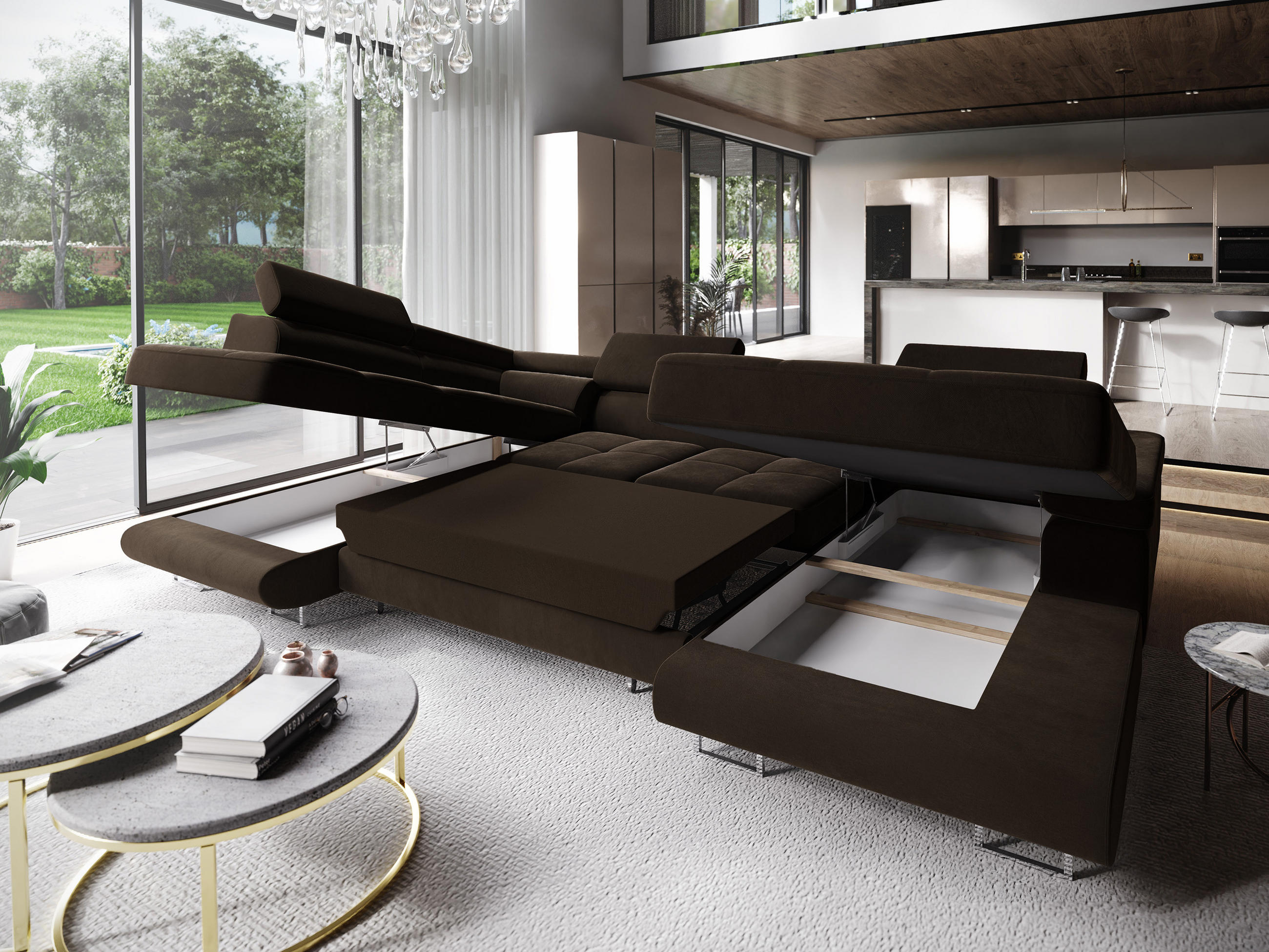 Thumbnail - Masseno Wohnlandschaft, Braun, Textil, 5-Sitzer, U-Form, 345x90x202 cm, Wohnzimmer, Sofas & Couches, Wohnlandschaften, W...