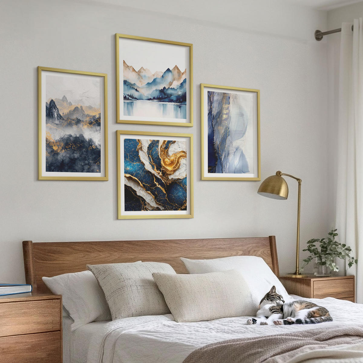 WANDBILDER 4er Set - 50x50 cm & 40x60 cm Goldrahmen - Blaue Berglandschaften - Goldfarben, Kunststoff (50/50cm) - ArtPrintCave