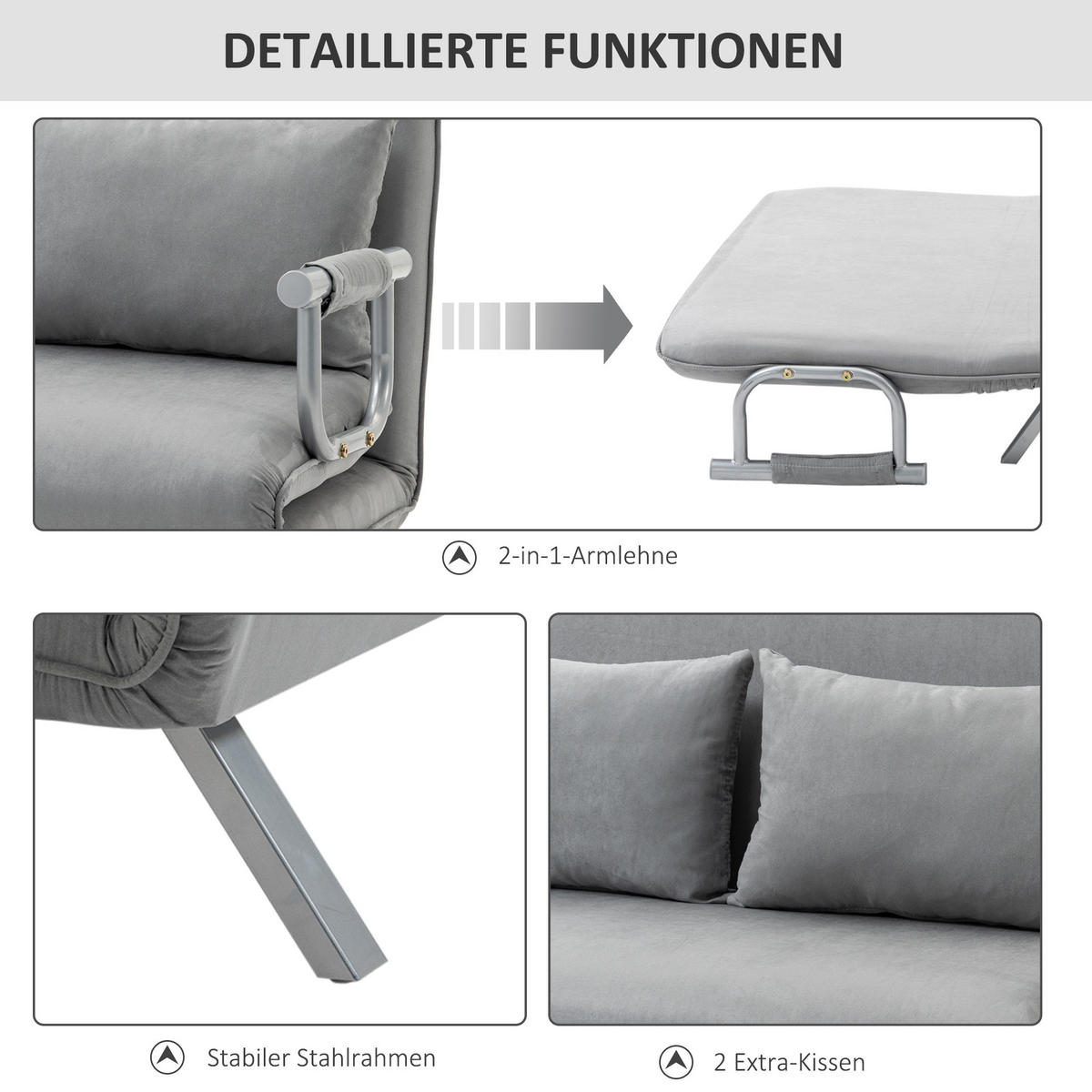 SCHLAFSOFA, Faux Suede, Stahl, Hellgrau - Hellgrau, Kunststoff (80/78/111cm) - HOMCOM