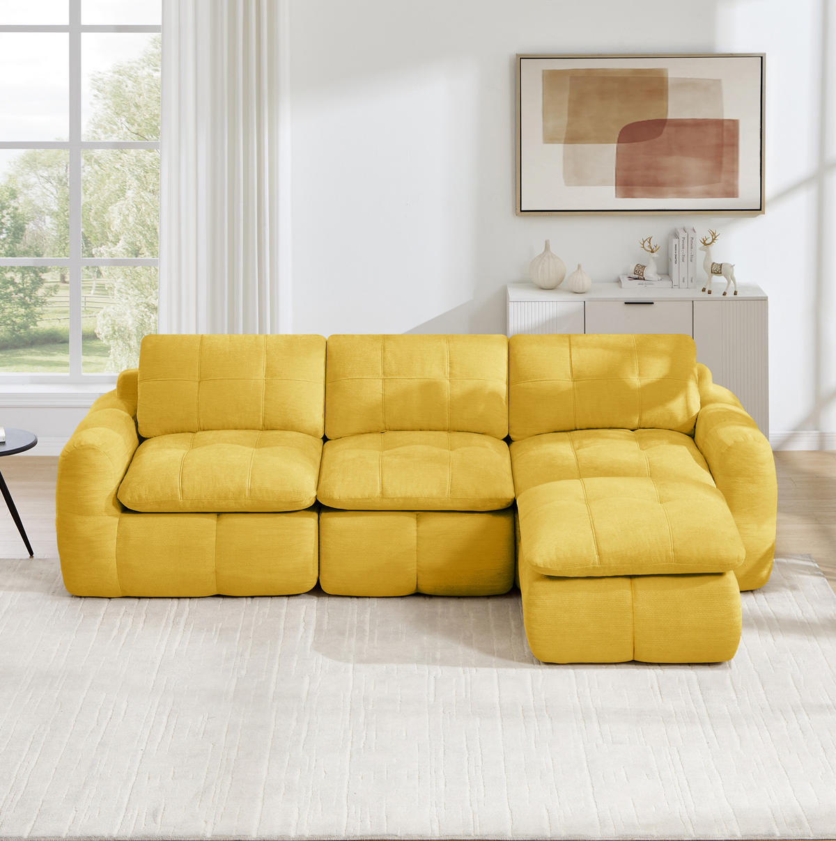 SOFA 264/160/68 cm in Gelb aus Chenille mit Ottomane, rahmenlos und flexibel - Gelb, Textil (160/68/264cm) - Flora Grace