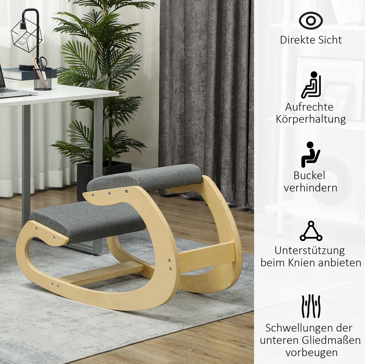 ERGONOMICKÁ kľakačka 85/54,5/54 cm sivá hojdacia z dreva na podporu držania tela - sivá, drevo (85/54/54.5cm) - OKWISH
