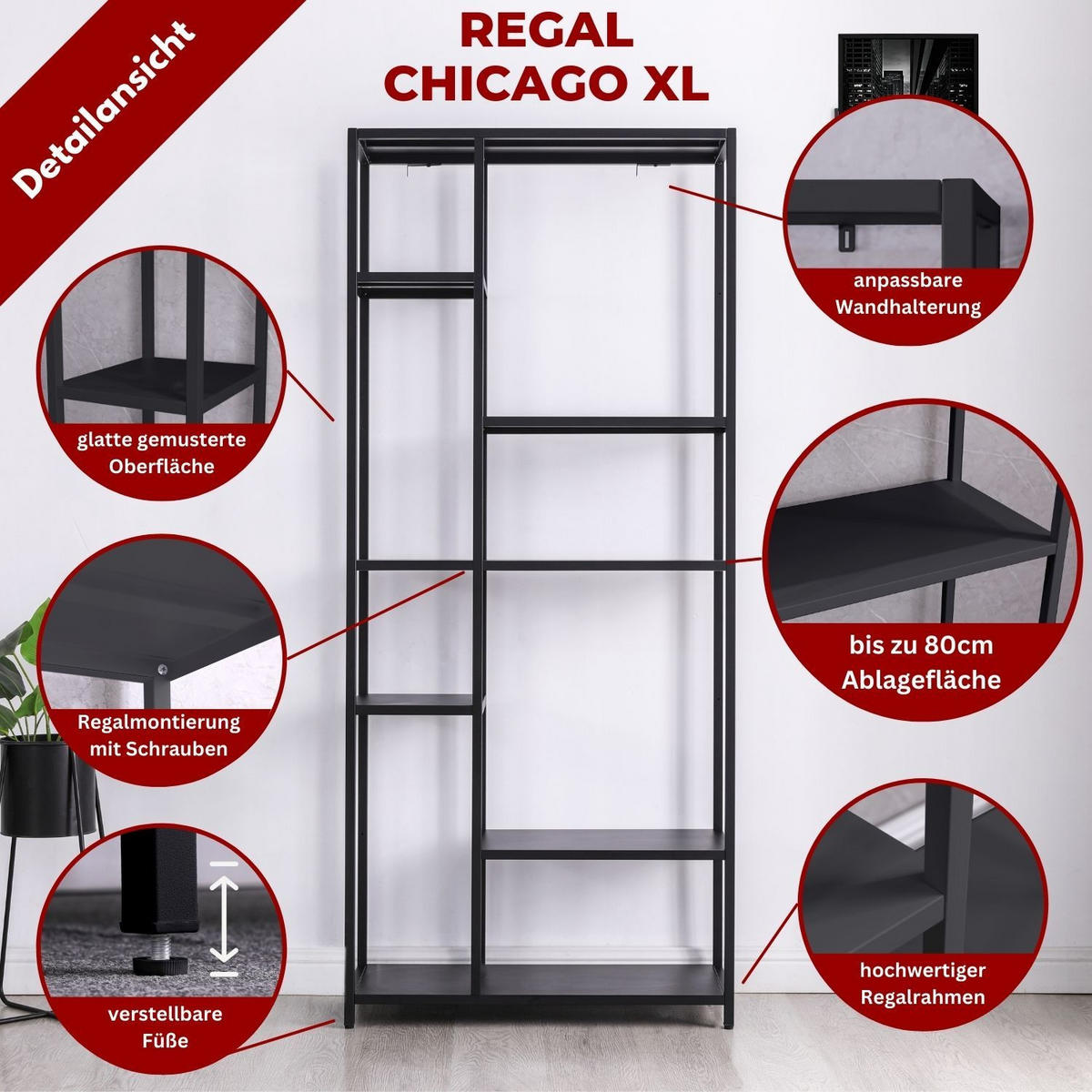 REGAL CHICAGO XXL Metall 6 Ablageflächen 80/35/185 cm in Schwarz - Schwarz, Metall (35/185/80cm) - Coemo