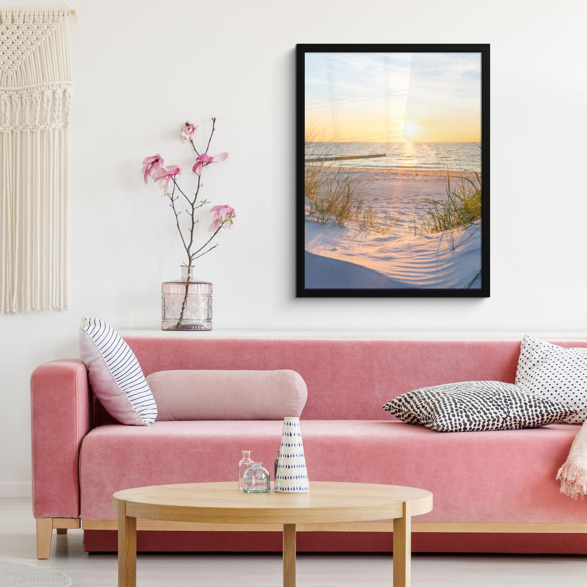 GERAHMTES BILD Strand - Sonne - Düne - Gras - Sand - Horizont 60x80 cm - Hellblau, Papier (60/80cm) - MuchoWow