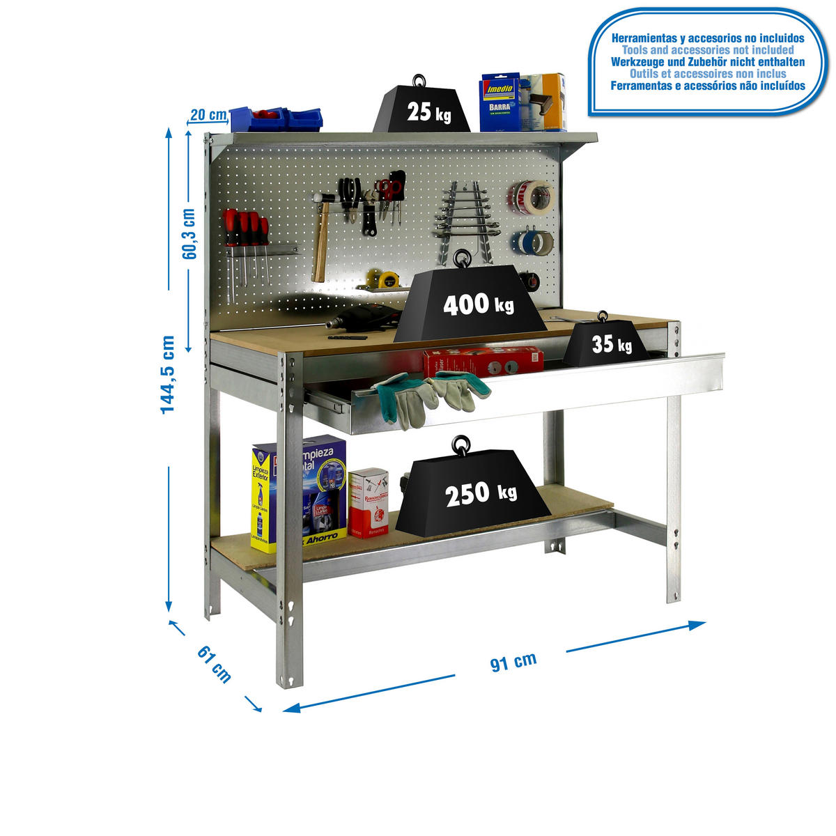 WERKBANK BUFFALO mit Werkzeugwand, Schubfach und Ablage | HxBxT 84x90x61cm | Traglast 400kg | Verzinkt - Silberfarben, Metall (90/84/61cm) - PROREGAL