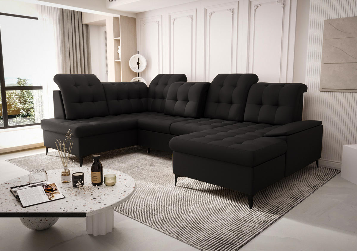 WOHNLANDSCHAFT KONGO RBN17, Eckcouch in U-Form mit Schlaffunktion, Farbe: Schwarz, Kunstleder, Ottomane Rechts - Schwarz, Textil (343/107/210cm) - O-Sofa