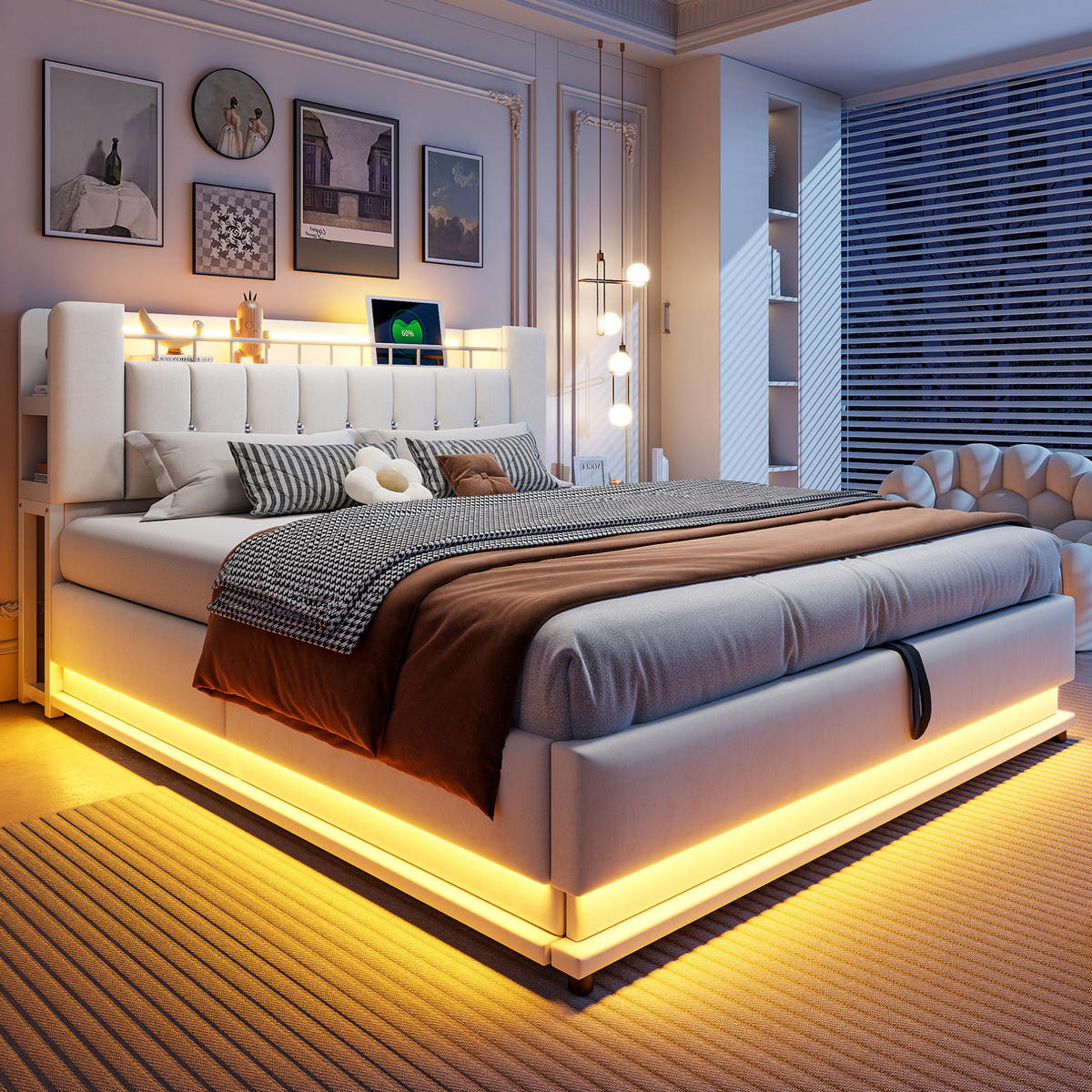 POLSTERBETT mit Stauraum, LED und USB 180x200 cm Samt Beige - Beige, Metall (180/200cm) - Beauniv