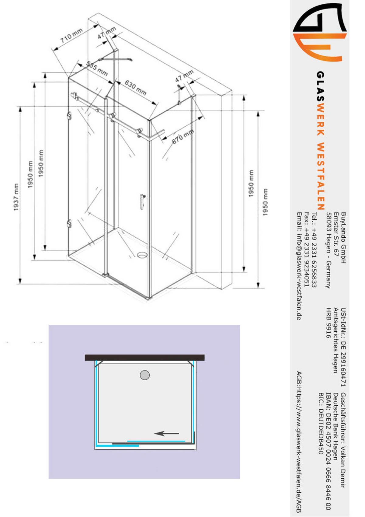 DUSCHKABINE Ida 120x80x195cm U-Form Schiebetür+DT - Silberfarben, Glas (80/120/195cm) -  Glaswerk Westfalen