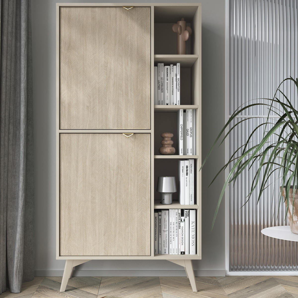 HIGHBOARD Silva 80 cm in Sandbeige + Scandi-Fischgrätmuster mit Türen und Regalen - Beige/Goldfarben, Holz/Holzwerkstoff (80/160/38cm) - Ravio