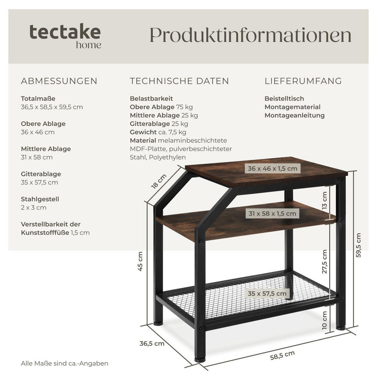 BEISTELLTISCH Plymouth,36,5 x 58,5 x 59,5 cm,Industrial Holz dunkel, rustikal - Rostfarben, Holz (58.5/36.5/59.5cm) - tectake