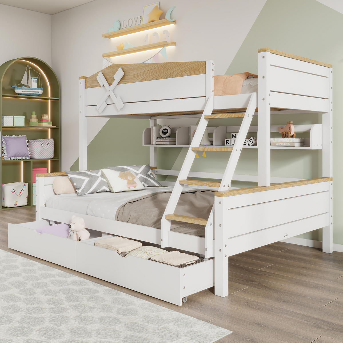 ETAGENBETT 90/200 cm mit Windmühle Weiß+Natur aus Kiefer und MDF mit Regalen und Schubladen - Weiß, Holzwerkstoff (90/200cm) - OKWISH