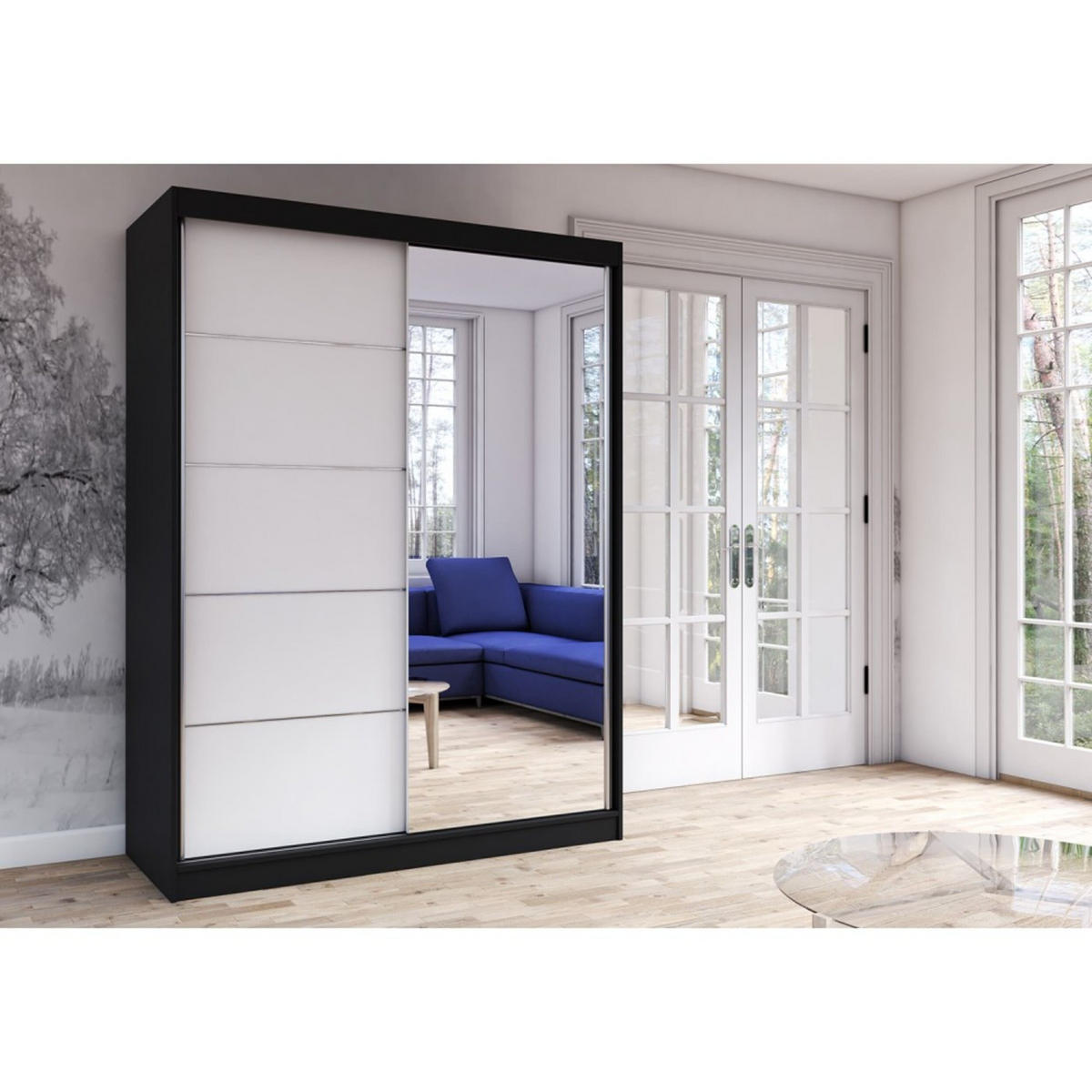 SCHIEBETÜRENSCHRANK - Beni 05 Classic (Schwarz + Weiß) - Schwarz/Weiß, Holzwerkstoff/Metall (150/200/61cm) - Möblo