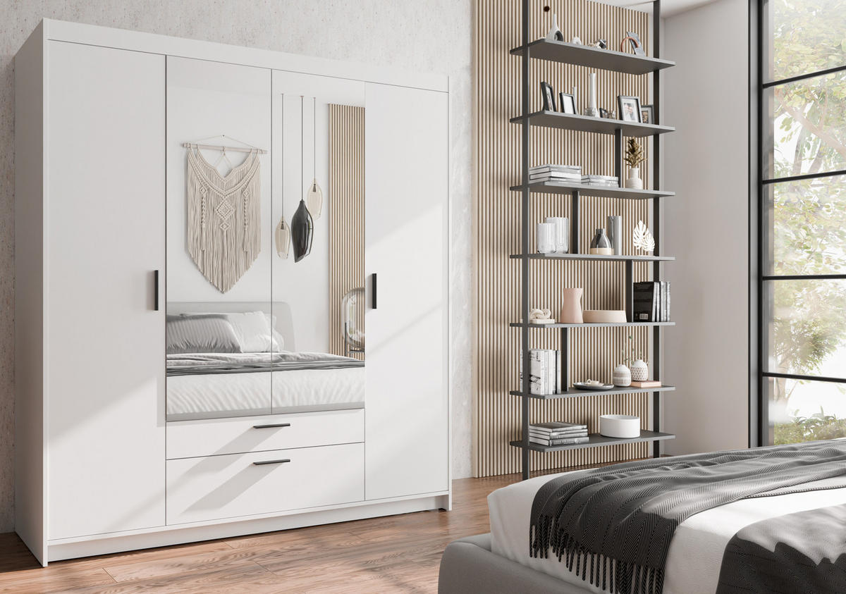 KLEIDERSCHRANK Storicos Weiß 176,3/190,5/53 cm - 4T2S Modern mit Schubladen und Spiegel - Weiß, Holzwerkstoff/Kunststoff (176.4/190.6/53cm) - AX Living