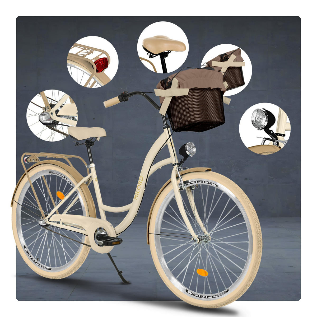 CITY-FAHRRAD Milord mit Metallkorb, 28 Zoll, Creme-Braun, 3-Gang - Creme/Braun, Metall (46cm) - Milordbikes