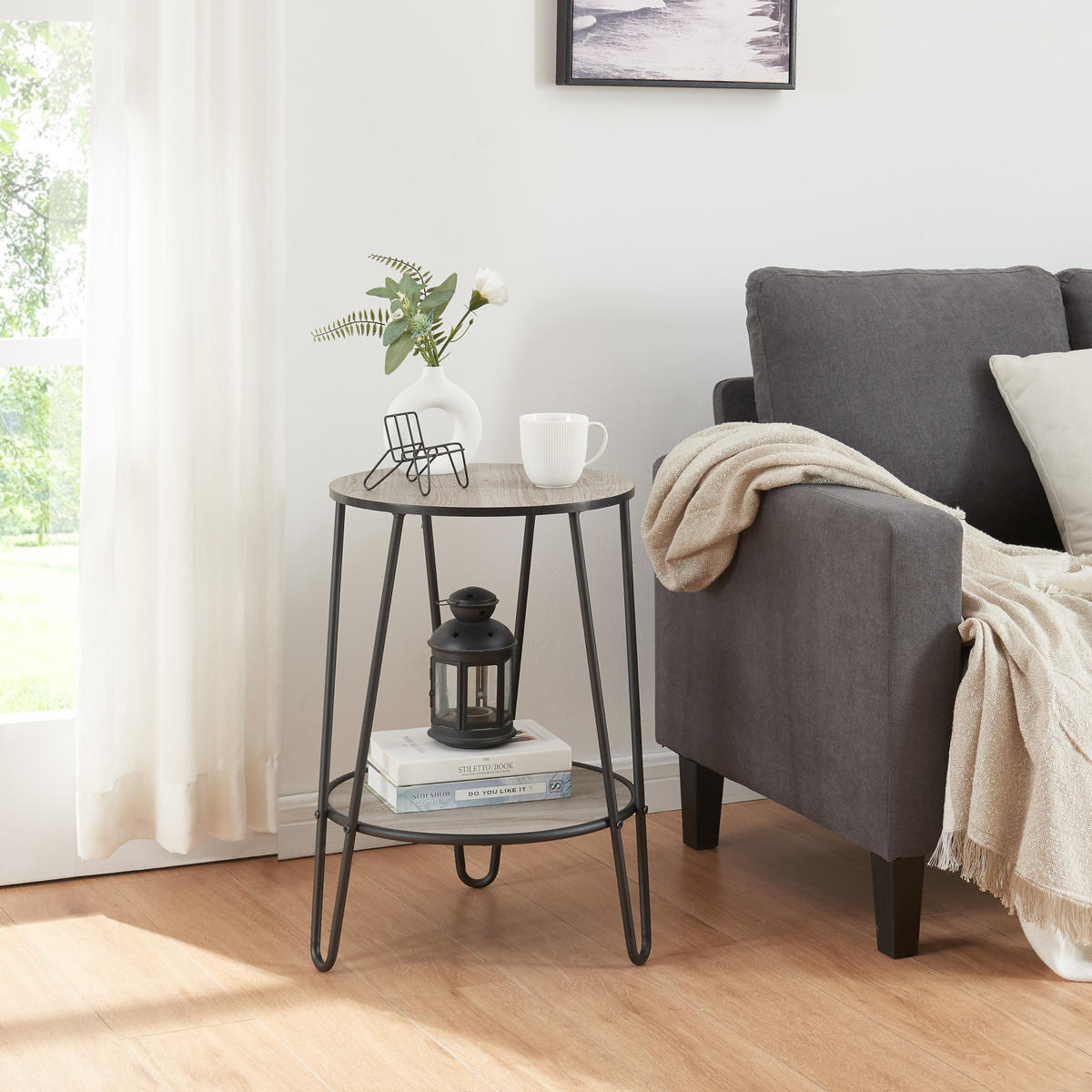 BEISTELLTISCH Ylöjärvi - Eichefarben/Schwarz, Holzwerkstoff/Metall (44/44/61cm) - [en.casa]