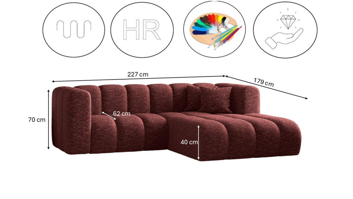 ECKSOFA L-form Sofa Grand modular stoff Haga Rotwein Rechts - Rot, Holz (227/179cm) - Kaiser Möbel