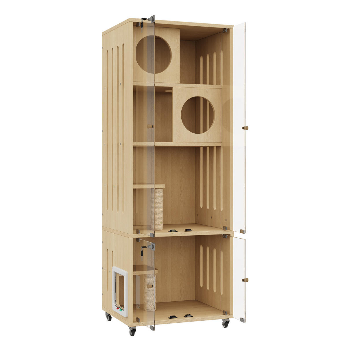 VITRINE Naturfarben 60×50×156 cm aus MDF und Glas mit abschließbarer Glastür, Klappe und Feststellrollen - Naturfarben, Holzwerkstoff (60/156/50cm) - Luhomfu