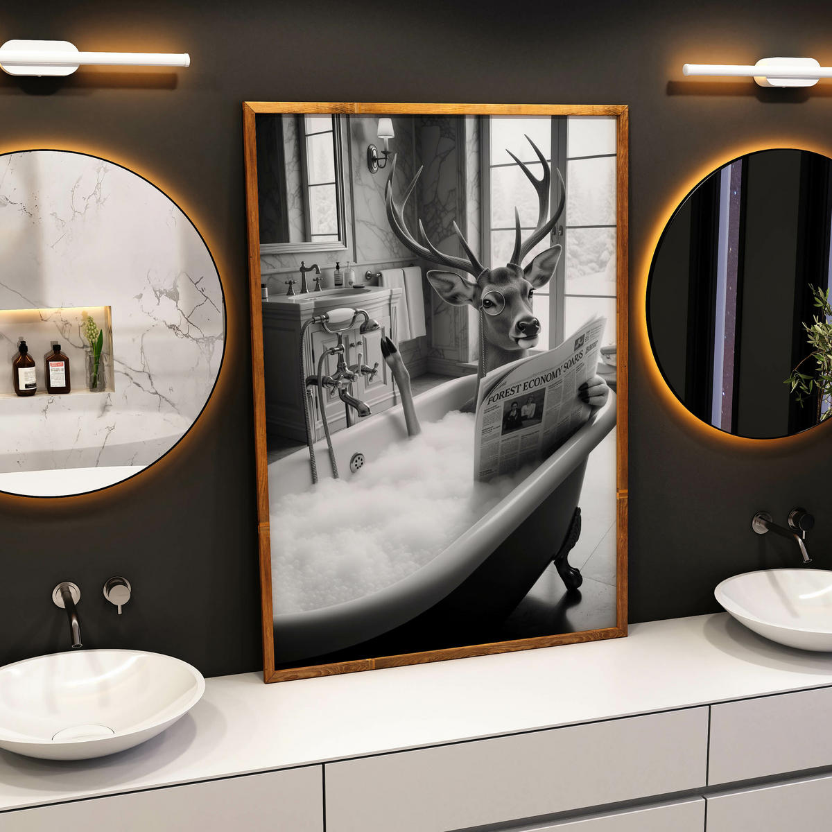 POSTER für Badezimmer WC Rehe HIRSCH in Badewanne Zeitung Abstraktion 20x30cm - Schwarz/Weiß, Papier (20/30/1cm) - Muralo