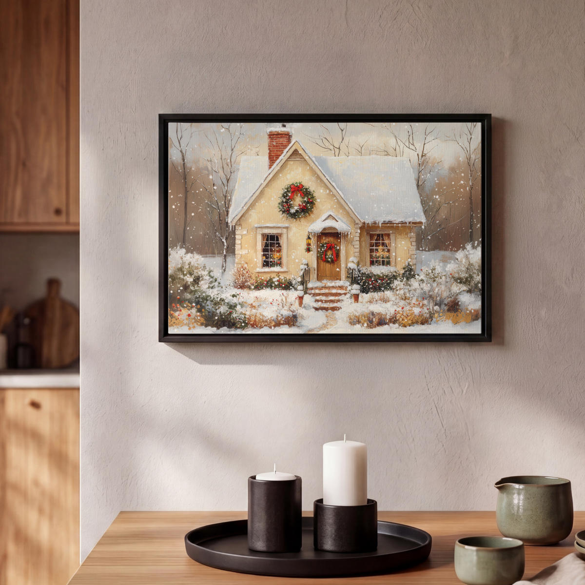 LEINWAND Bilder mit Rahmen - Weihnachten - Zuhause - Winter - Schnee - 30x20 - Creme, Textil (30/20cm) - MuchoWow