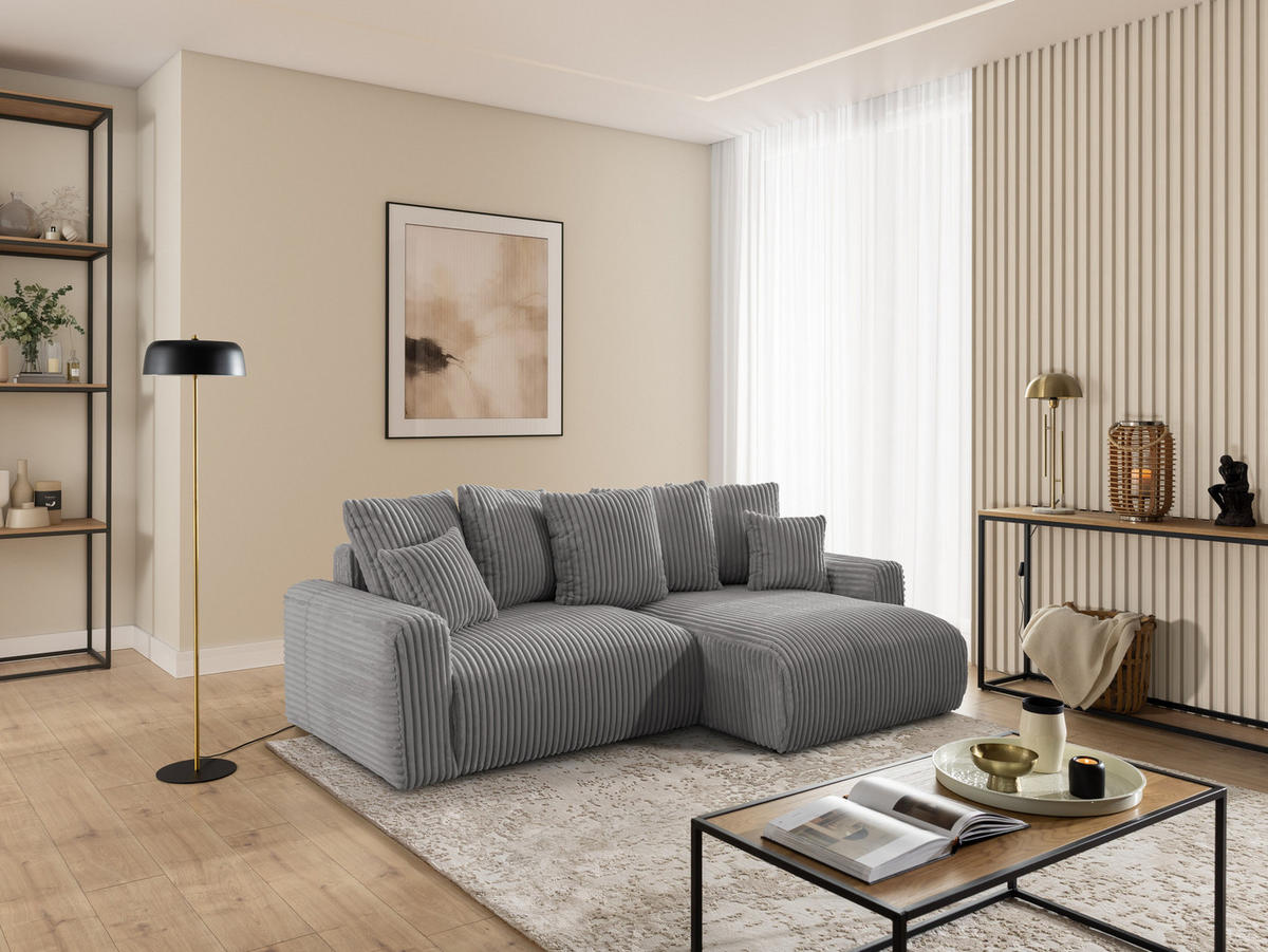ECKSOFA Calma mit Schlaffunktion und Bettkasten im Bumpy-Design aus weichem Grau Plüschcord - Ottomane rechts - Schwarz/Grau, Holz/Kunststoff (140/239cm) - S-Style