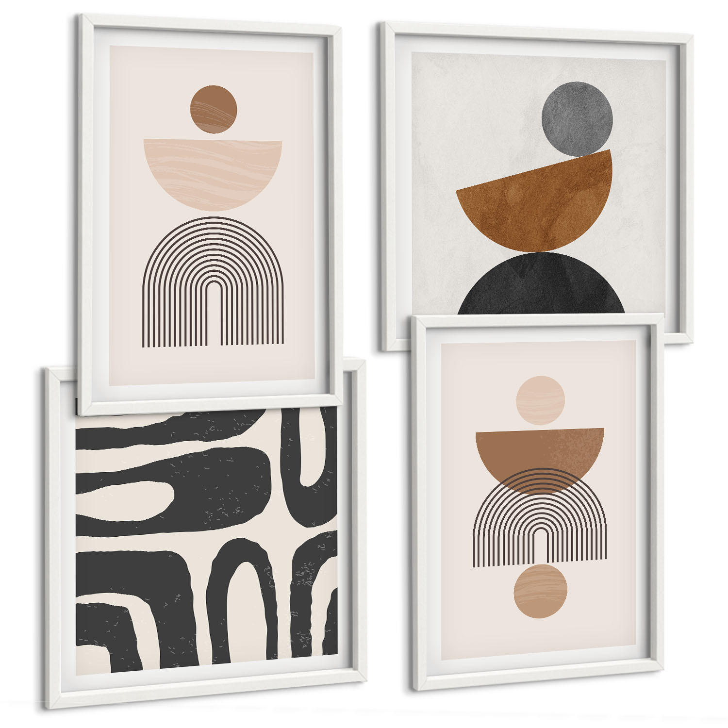 BILDER SET 4er Set - 50x50 cm & 40x60 cm Weißer Rahmen - Abstraktes Boho-Design - Weiß, Kunststoff (50/50cm) - TULUP