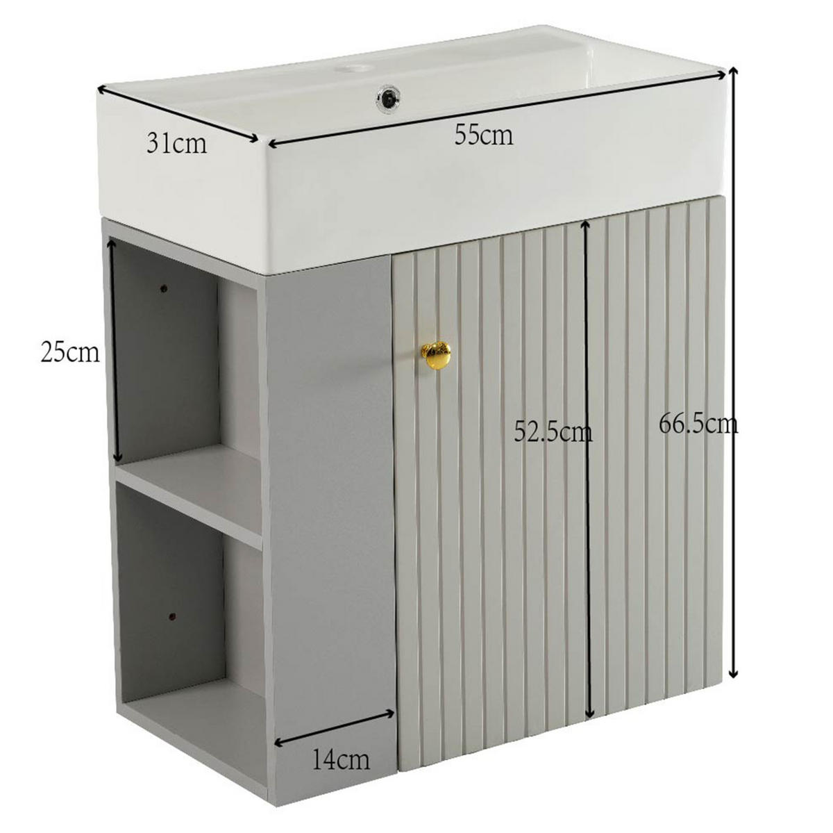 WASCHTISCHKOMBI 55/31/66 cm grau/weiß aus Holzwerkstoff mit Keramikbecken und Soft-Close - Grau, Holzwerkstoff (55/66.5/31cm) - OKWISH